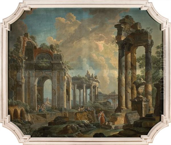 Capriccio Con I Resti Di Un Acquedotto, Un Edificio Di Ordine Corinzio In Rovina, Un Tempio Classico A Pianta Circolare, I Resti Di Un Tempio Corinzio E Astanti Intorno A Un Rilievo Antico Con I Ratto Oil Painting by Giovanni Paolo Panini