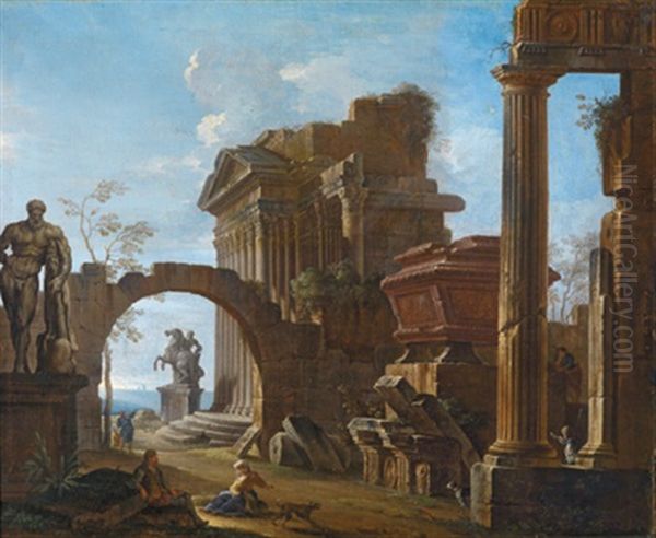 Architekturcapriccio Mit Der Uberlebensgrosen Statue Des Herkules Farnese - Capriccio Architettonico Con La Statua Dell'ercole Farnese Oil Painting by Giovanni Paolo Panini