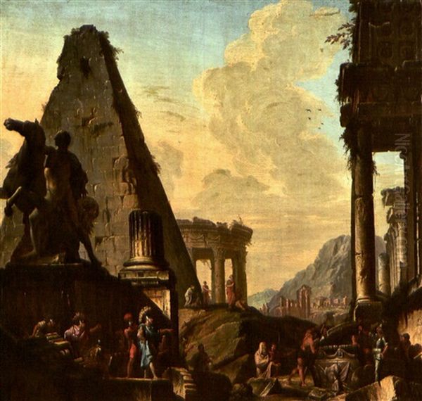 Architekturcapriccio Mit Pyramide Der Cestia, Im Vordergrund Alexander Der Grose Bei Der Besichtigung Des Grabmals Von Achilles Oil Painting by Giovanni Paolo Panini