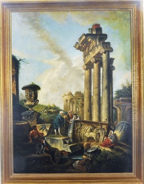 Figures Amongst Architectural Ruins (+ A Companion Painting; 2 Works) Oil Painting by Giovanni Paolo Panini