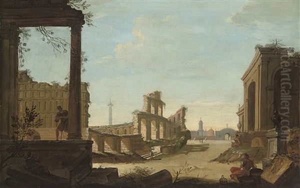 A Capriccio Of Classical Ruins With Figures At Rest Oil Painting by Giovanni Paolo Panini