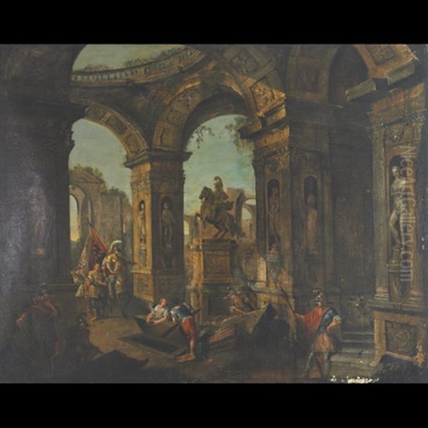 Soldiers At A Tomb Amongst Ruins Oil Painting by Giovanni Paolo Panini