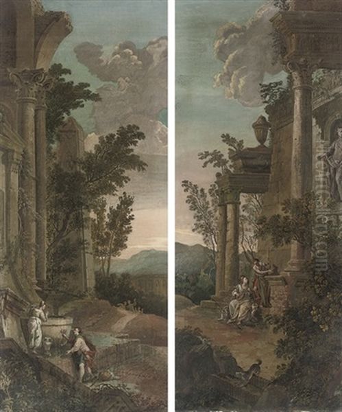 An Architectural Capriccio With Figures Conversing (+ An Architectural Capriccio With A Gentleman; Pair) Oil Painting by Giovanni Paolo Panini