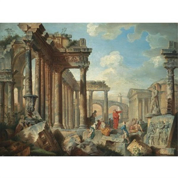 A Capriccio View Of Architectural Ruins With Saint Peter Preaching Oil Painting by Giovanni Paolo Panini