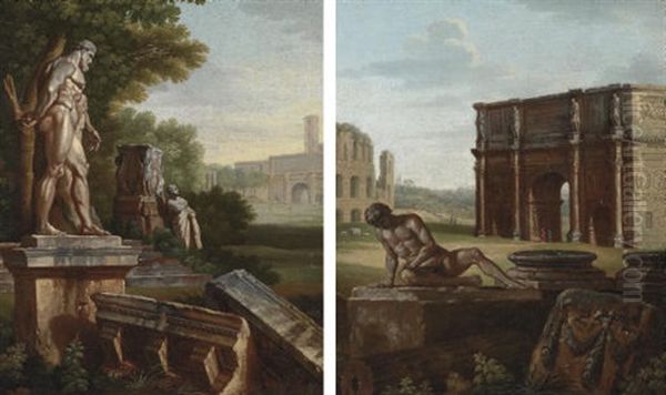 A Capriccio With The Farnese Hercules And Arch Of Septimius Severus (+ A Capriccio With The Dying Gaul; Pair) Oil Painting by Giovanni Paolo Panini