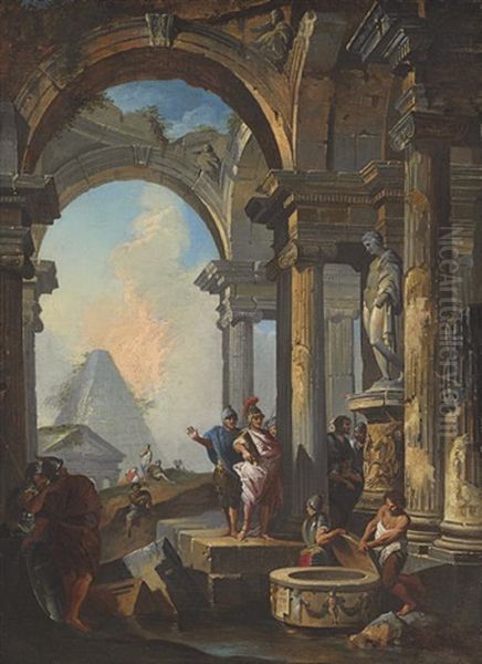 A Capriccio Of Classical Ruins With Alexander Opening The Tomb Of Achilles Oil Painting by Giovanni Paolo Panini