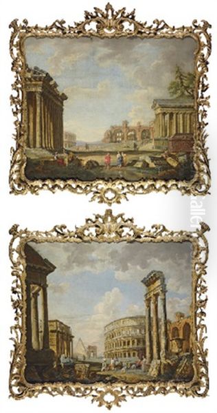 An Architectural Capriccio With The Arch Of Constantine, The Colosseum And Columns Of The Temple Of The Dioscuri (+ Another; Pair) Oil Painting by Giovanni Paolo Panini