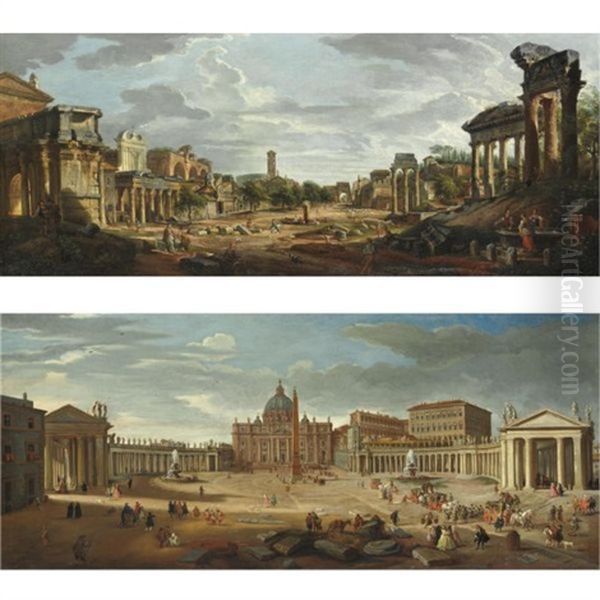 Veduta Di Foro Romano Con Figure E Una Fontana Sulla Destra (+ Veduta Di Piazza San Pietro A Roma Con Figure E Carrozze; Pair) Oil Painting by Giovanni Paolo Panini