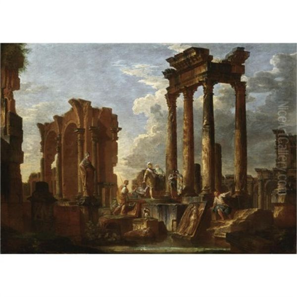 Capriccio Architettonico Con Figure E Soldati, Una Statua E Un Bassorilievo Oil Painting by Giovanni Paolo Panini