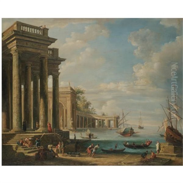 A Capriccio Of A Mediterranean Harbour Scene Oil Painting by Giovanni Paolo Panini