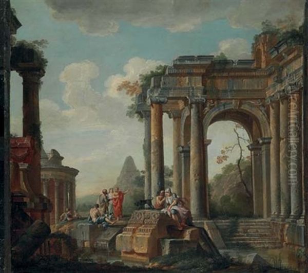 A Capriccio Of Classical Ruins, The Pyramid Of Cestius And Temple Of The Sibyl Beyond Oil Painting by Giovanni Paolo Panini