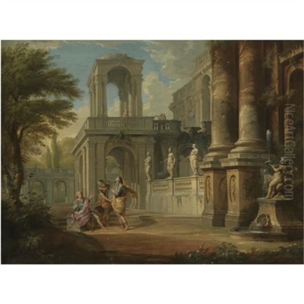 An Architectural Capriccio With Two Soldiers Addressing A Young Man, Figures On A Balcony Beyond Oil Painting by Giovanni Paolo Panini