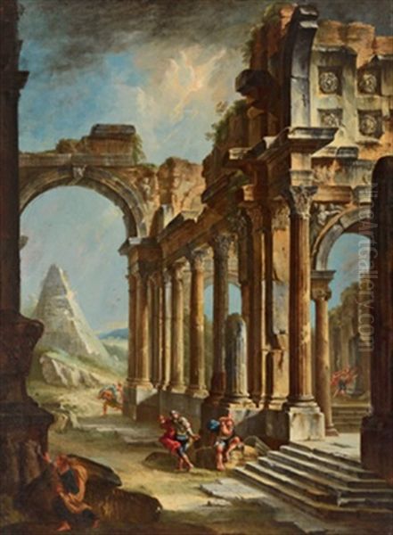 Die Cestius Pyramide An Der Via Appia In Rom Vom Blitz Getroffen, Fulmine Sulla Piramide Di Cestia Oil Painting by Giovanni Paolo Panini