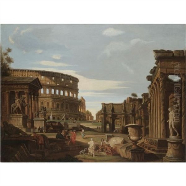 Capriccio Scene With The Colosseum, The Arch Of Constantine Of And Various Other Roman Ruins Oil Painting by Giovanni Paolo Panini