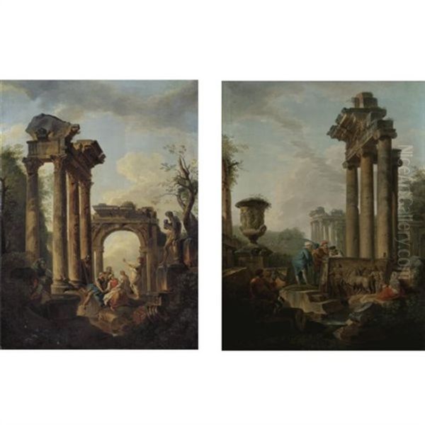 An Architectural Capriccio Of Roman Ruins And Four Archeologists (+ An Architectural Capriccio Of Roman Ruins And An Apostle Preaching; Pair) Oil Painting by Giovanni Paolo Panini