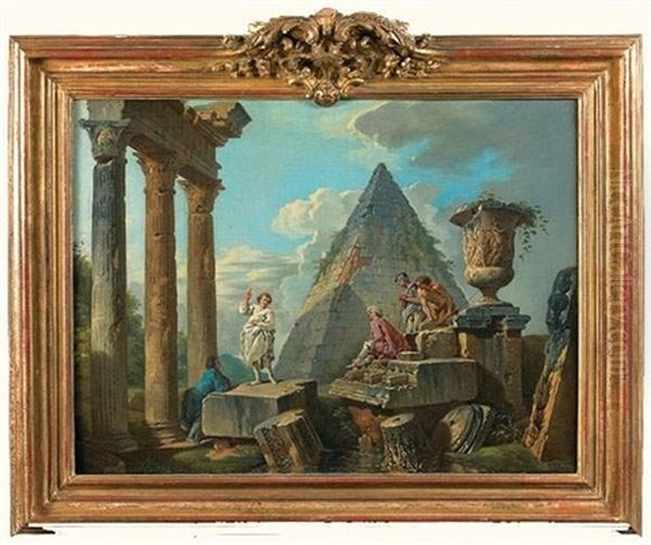 Jeune Apotre Prechant Dans Les Ruines, Avec La Pyramide De Sextius Et Le Portique Du Temple Des Dioscures Oil Painting by Giovanni Paolo Panini