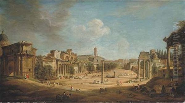 The Roman Forum From The Base Of The Capitoline Hill Oil Painting by Giovanni Paolo Panini