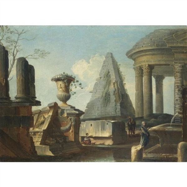 Capriccio Architettonico Con Figure E Piramide Sul Fondo Oil Painting by Giovanni Paolo Panini