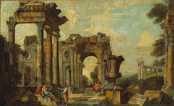 An Architectural Capriccio With Classical Figures Oil Painting by Giovanni Paolo Panini