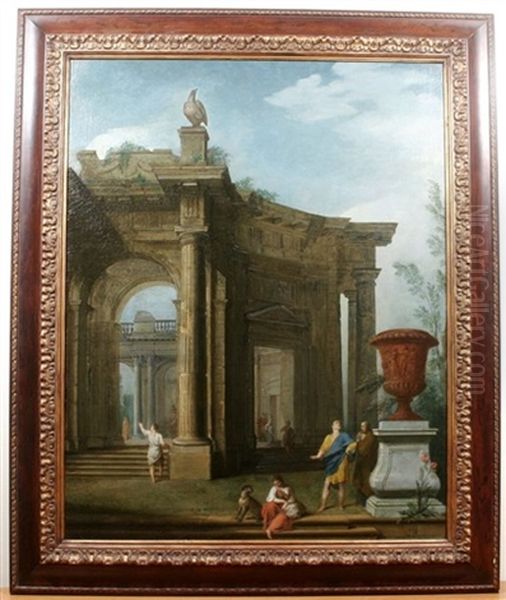 A Capriccio Of Classical Ruins With Figures And Dog Oil Painting by Giovanni Paolo Panini