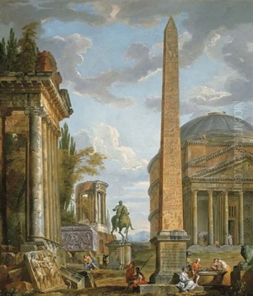 A Capriccio With Figures Gathered Around The Obelisk Of Augustus, A View Of The Pantheon, The Statue Of Marcus Aurelius And The Temple Of Sybil, Tivoli (collab. W/studio) Oil Painting by Giovanni Paolo Panini