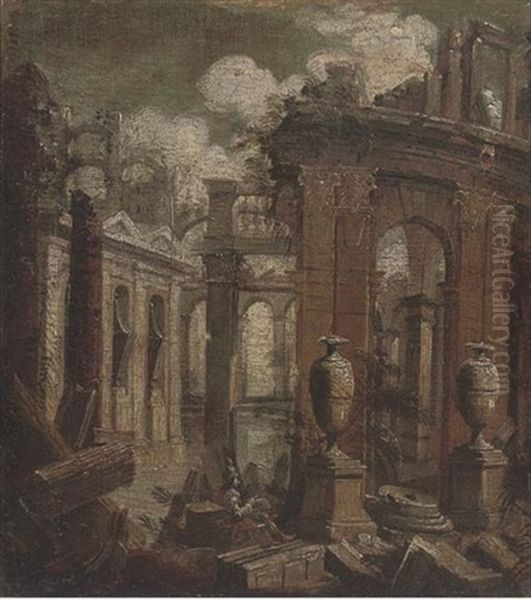 An Architectural Capriccio With A Painter by Giovanni Paolo Panini