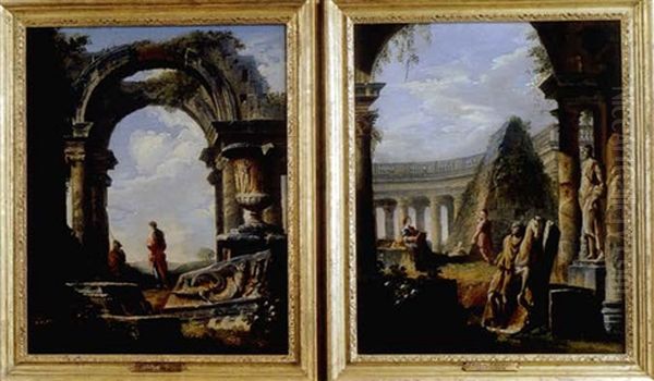 Blick Auf Die Cestius-pyramide Mit Maler Und Jungling (+ Marius In Den Ruinen Karthagos; Pair) Oil Painting by Giovanni Paolo Panini