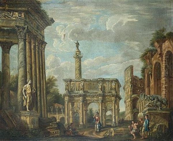 A Capriccio Of Roman Ruins Including The Arch Of Titus, Trajan's Column And The Colosseum by Giovanni Paolo Panini