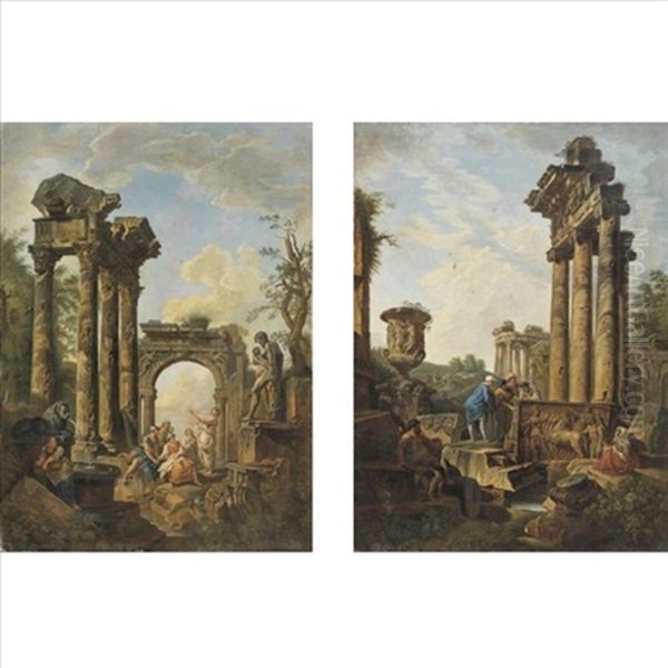 An Architectural Capriccio Of Roman Ruins And Four Archeologists (+ An Architectural Capriccio Of Roman Ruins And An Apostle Preaching; Pair) Oil Painting by Giovanni Paolo Panini