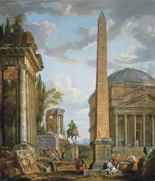 A Capriccio With Figures Gathered Around The Obelisk Of Augustus, A View Of The Pantheon, The Statue Of Marcus Aurelius And The Temple Of Sybil, Tivoli (collab. W/studio) Oil Painting by Giovanni Paolo Panini