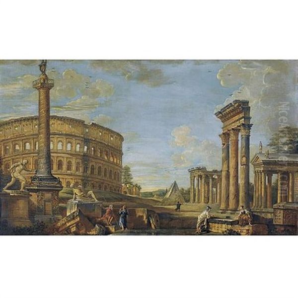 Capriccio Of Roman Ruins With Belisarius Begging For Alms, The Borghese Gladiator, The Dying Gaul, The Colosseum, Trajan's Column And The Temples Of Castor And Pollux, Fortuna Virilis And Vesta Oil Painting by Giovanni Paolo Panini