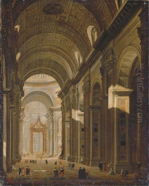 Interior Of Saint Peter's, Rome, Looking West Towards The Tomb Of St. Peter And The Baldacchino, With Pilgrims And Other Figures In The Nave by Giovanni Paolo Panini