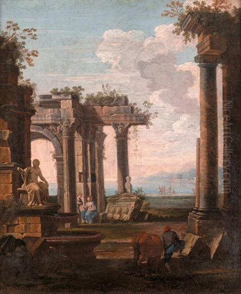 A Capriccio Of Classical Ruins With Horse And Conversing Figures Oil Painting by Giovanni Paolo Panini