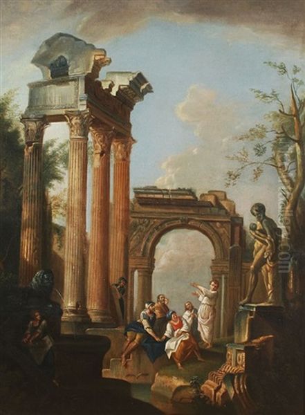 A Capriccio Of Classical Ruins With Figures And Fountain Oil Painting by Giovanni Paolo Panini