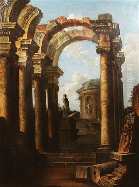 A Capriccio Of Classical Ruins With Roman Arches Oil Painting by Giovanni Paolo Panini