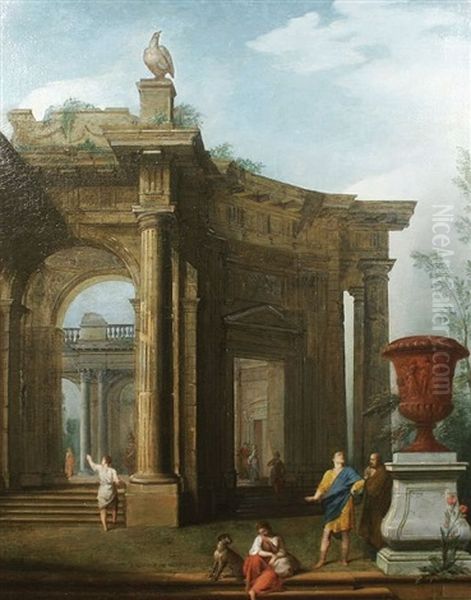 A Capriccio Of Classical Ruins With Figures And Dog Oil Painting by Giovanni Paolo Panini