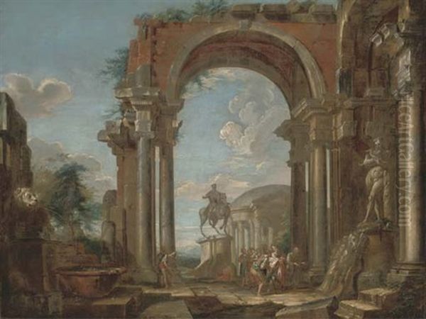 A Capriccio Of Architectural Ruins With Figures By The Statue Of Silenus With The Infant Bacchus, The Equestrian Statue Of Marcus Aurelius Beyond Oil Painting by Giovanni Paolo Panini