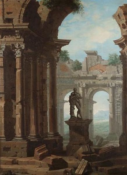 A Capriccio Of Classical Ruins With A Statue Of Hercules Cradling An Infant Oil Painting by Giovanni Paolo Panini