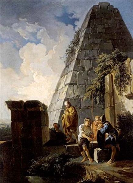 Manner Im Gesprach Vor Der Cestius-pyramide Oil Painting by Giovanni Paolo Panini