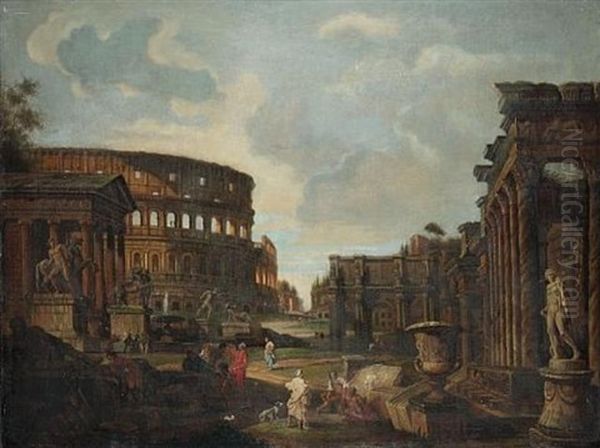 A Capriccio Of Roman Ruins With The Colosseum And The Arch Of Constantine Oil Painting by Giovanni Paolo Panini