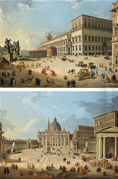 A View Of St. Peter's Basilica And St. Peter's Square With A Procession And Figures Promenading (+ A View Of The Piazza And Palazzo Del Quirinale With A Procession And Other Figures; Pair) Oil Painting by Giovanni Paolo Panini