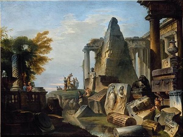 A Philosopher And Soldiers Amongst Ancient Ruins Including The Pyramid Of Gaius Cestius Oil Painting by Giovanni Paolo Panini