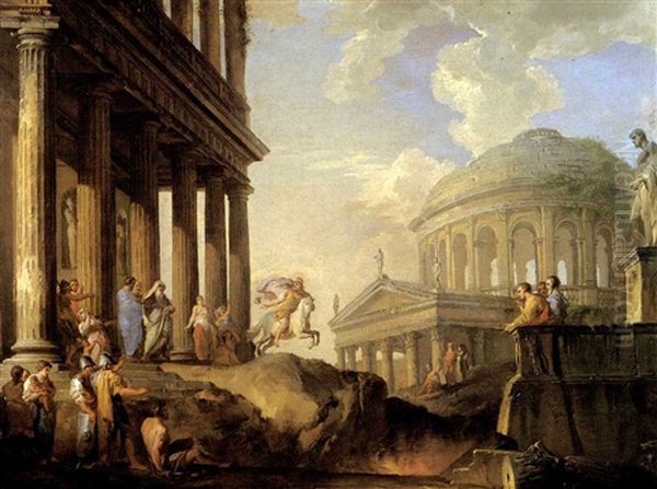 Paysage De Fantaisie Architecturale Romaine Avec Marcus Curtius Sautant Par-dessus Un Foyer Oil Painting by Giovanni Paolo Panini