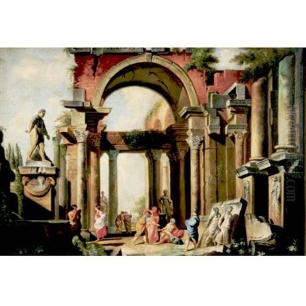 Figures Among Roman Ruins (by Marco Vannetti) Oil Painting by Giovanni Paolo Panini