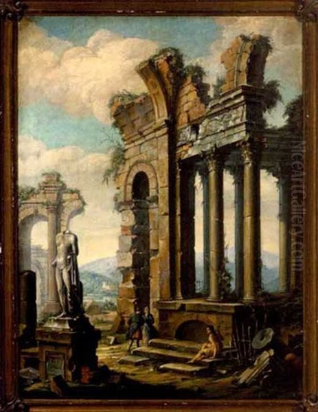 Capriccio Of Classical Ruins With Figures Oil Painting by Giovanni Paolo Panini