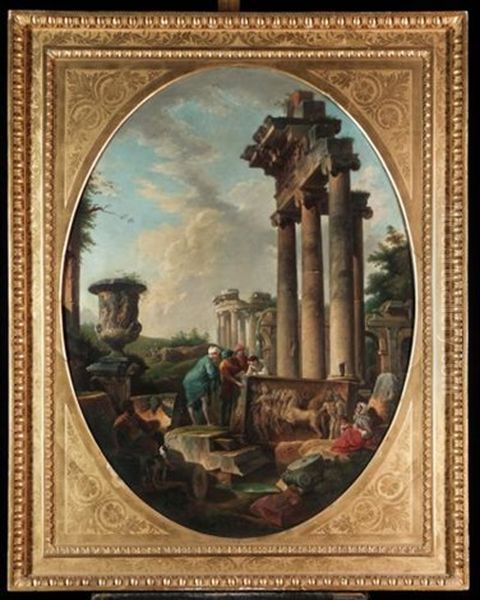 A Capriccio Of Roman Ruins With The Borghese Vase And Figures Oil Painting by Giovanni Paolo Panini