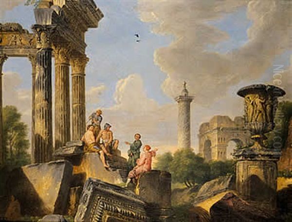 Capriccio Architettonico Con Il Vaso Borghese , L'arco Di Giano E Rovine Romane Oil Painting by Giovanni Paolo Panini