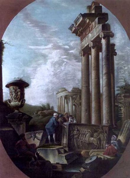 Architectural Capriccio Of Classical Ruins With Figures Inspecting A Stone Relief Oil Painting by Giovanni Paolo Panini