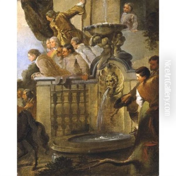 Figures At A Balustrade By A Fountain Oil Painting by Giovanni Paolo Panini