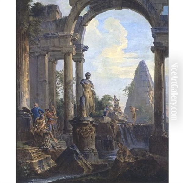 An Architectural Capriccio With The Pyramid Of Caius Cestius And A Classical Statue Of Meleager, Soldiers And Other Figures Conversing Oil Painting by Giovanni Paolo Panini